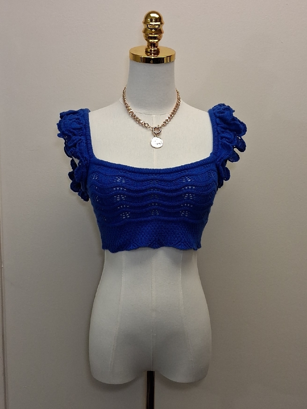 H&M Royal Blue Ruffle Sleeve Knit Crop Top Size XS